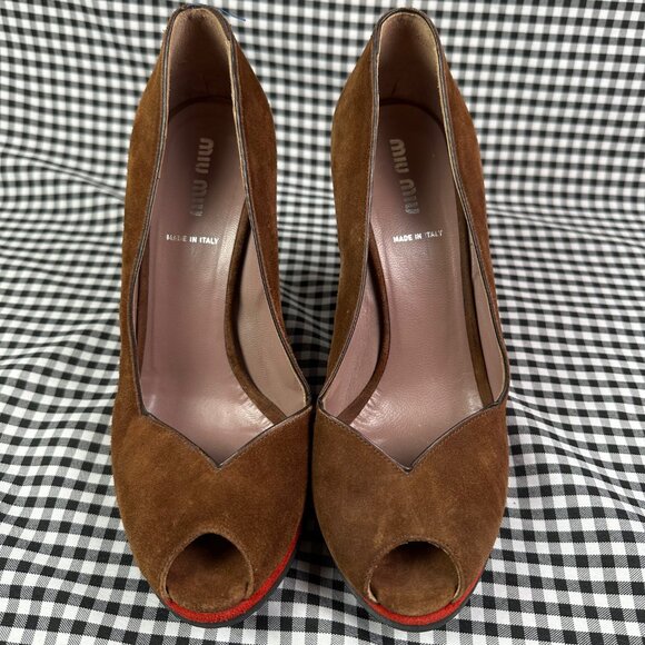 Miu Miu Vintage Y2K Suede Brown Rainbow Wedge Peep Toe Heel EU 38.5 / US 8.5 - Picture 2 of 7